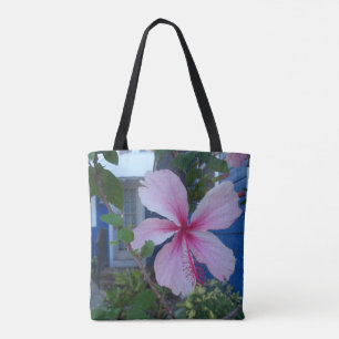 Tote Bag Fleur d'hibiscus rose et cottage de plage bleu fou