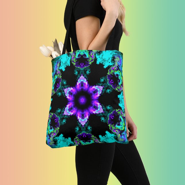 Tote Bag Fleur d'hippie psychédélique violet Turquoise et n (Créateur téléchargé)