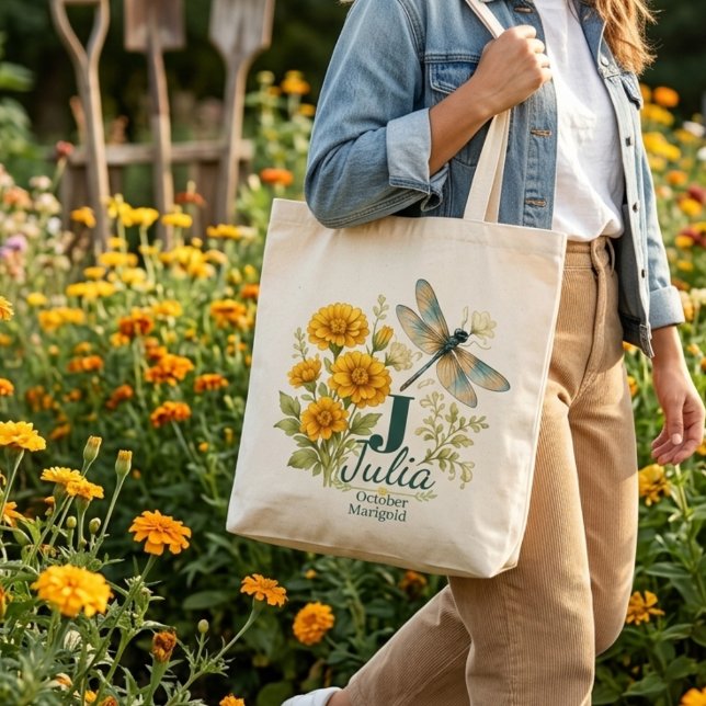 Tote Bag Fleur d'octobre Souci & Libellule (Créateur téléchargé)