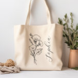 Tote Bag Fleur du mois de naissance personnalisée Septembre<br><div class="desc">Créez un magnifique sac fourre-tout personnalisé avec ce design facile à éditer. Ce sac fourre-tout dispose d'un bouquet de fleurs du mois de naissance et d'un élégant nom de script que vous pouvez facilement modifier. Voir la collection entière pour tous les mois ! Créez-en une pour chacune de vos demoiselles...</div>
