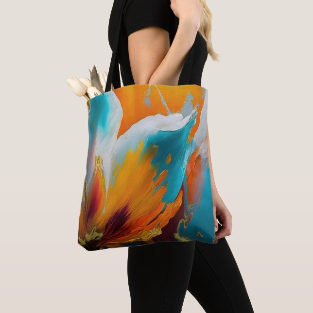 Tote Bag Fleur en orange et sarcelle (De près)