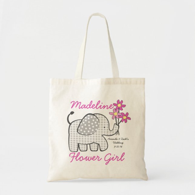 Tote Bag Fleur En vichy Eléphant avec Bouquet rose (Devant)