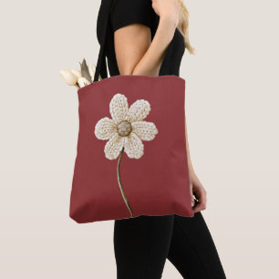 Tote Bag Fleur fausse maille couleur crème rouge Bourgogne