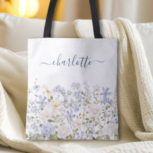 Tote Bag Fleur Florale Bleue Aquarelle Monogramme Élégant
