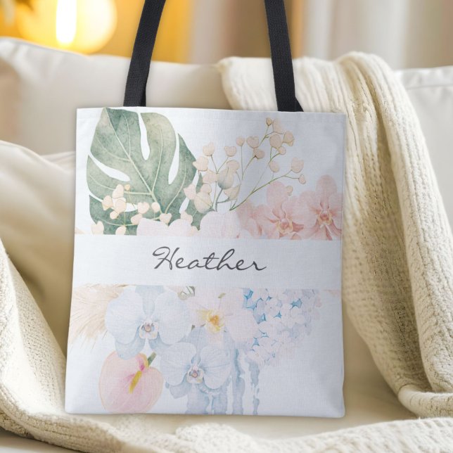 Tote Bag Fleur Florale Tropicale à l'Aquarelle Monogrammée (Créateur téléchargé)