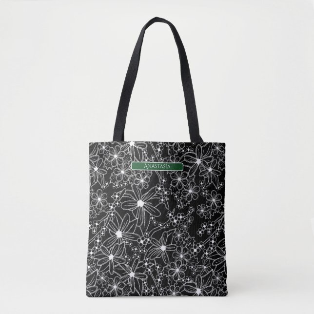 Tote Bag Fleur foncé noir blanc Motif vert Nom (Devant)