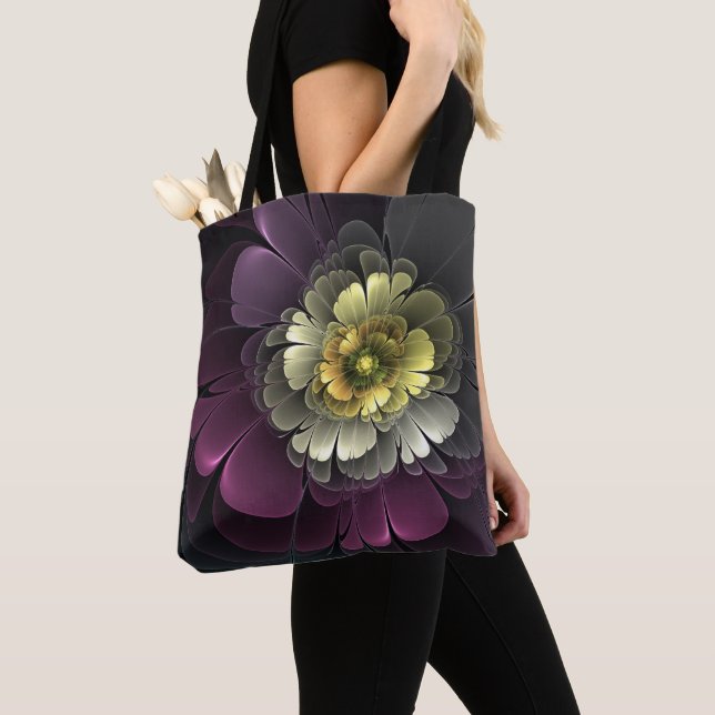 Tote Bag Fleur fractale grise et pourpre moderne abstraite (De près)