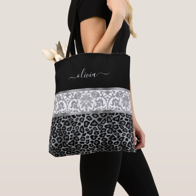 Tote Bag Fleur grise et imprimé léopard (De près)