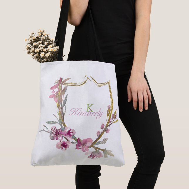 Tote Bag Fleur initiale de monogramme de cerisier rose (De près)