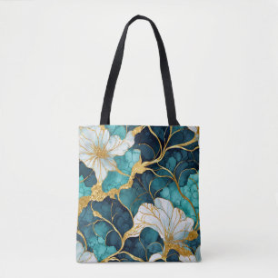 Tote Bag Fleur Japonaise Sarcelle Or