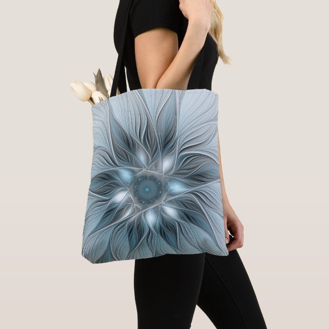 Tote Bag Fleur joyeuse abstraite florale fractale bleue gri (De près)