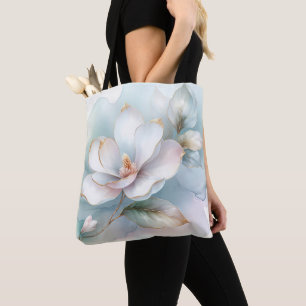 Tote Bag Fleur Magnolia Blanche À Bord Doré
