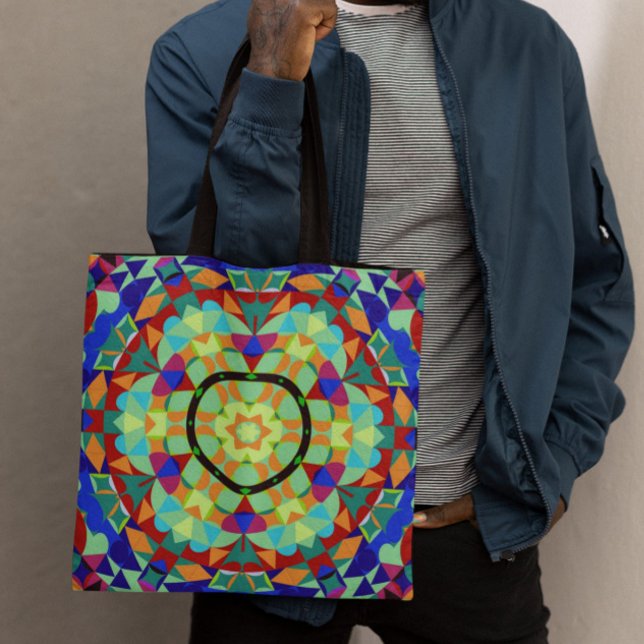 Tote Bag Fleur Mandala rétro orange rouge et bleu (Créateur téléchargé)