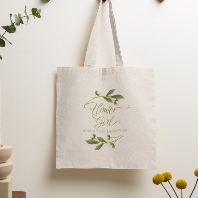 Tote Bag Fleur mariage Fille Florale Personnalisée Belle (Personalized flower girl tote bag with greenery botanical design and elegant calligraphy.)