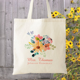Tote Bag Fleur Moderne Aquarelle Remerciement Enseignant