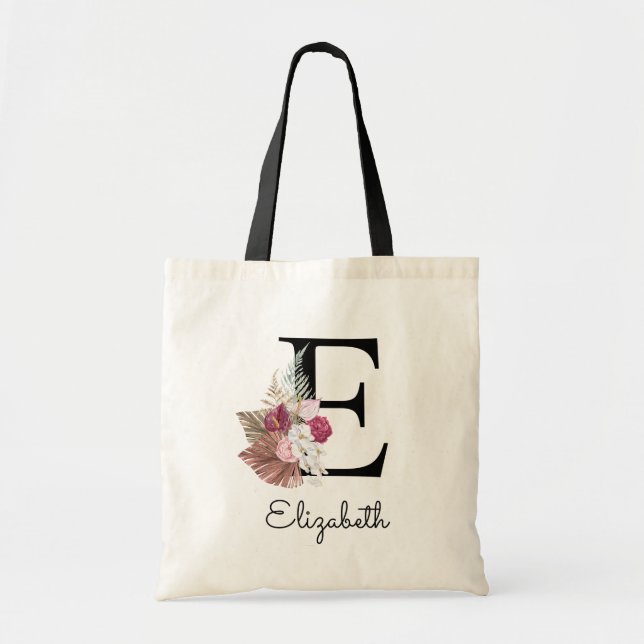 Tote Bag Fleur moderne rose initiale E Boho féminine (Devant)