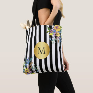 Tote Bag Fleur Noir Blanc Or Cadeau Élégant Mariage Fête
