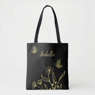 Tote Bag Fleur noire élégante romantique en or