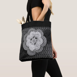 Tote Bag Fleur noire gris noir Crochet Artiste Imprimer