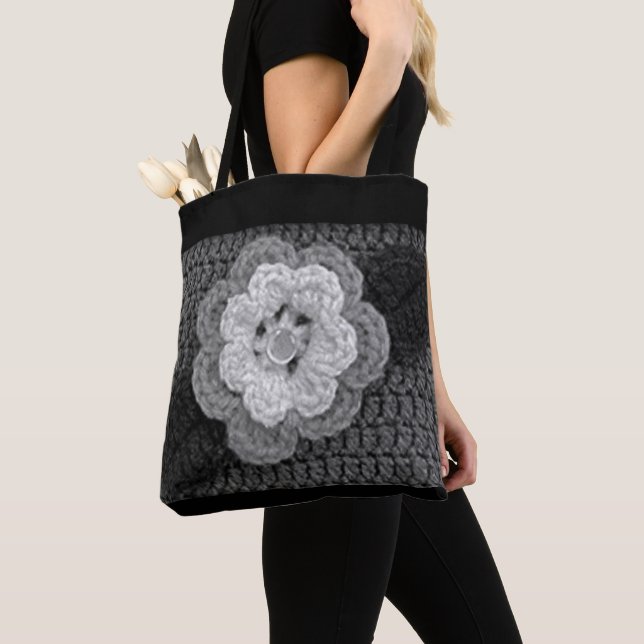 Tote Bag Fleur noire gris noir Crochet Artiste Imprimer (De près)