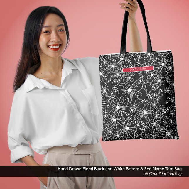 Tote Bag Fleur noire Noir Blanc Motif & Nom Rouge (All-Over-Print Tote Bag: Hand Drawn Floral Pattern in Black and White with Name in Red)