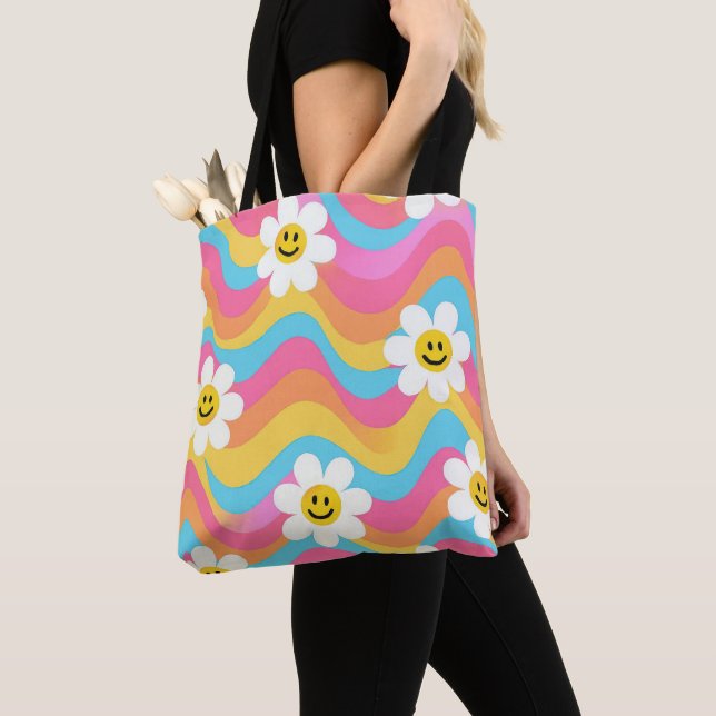 Tote Bag Fleur ondulée groovy smiley Rétro (De près)