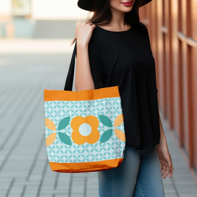 Tote Bag Fleur rétro, Geo Motif Aqua, Orange, Turquoise (Créateur téléchargé)