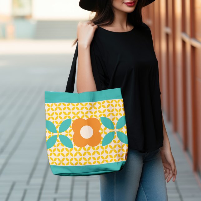 Tote Bag Fleur Rétro, Geo Motif Orange, Turquoise, Rose (Créateur téléchargé)