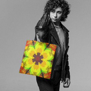Tote Bag Fleur rétro Mandala jaune orange et vert