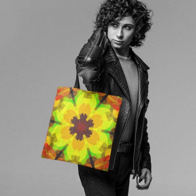 Tote Bag Fleur rétro Mandala jaune orange et vert (Créateur téléchargé)