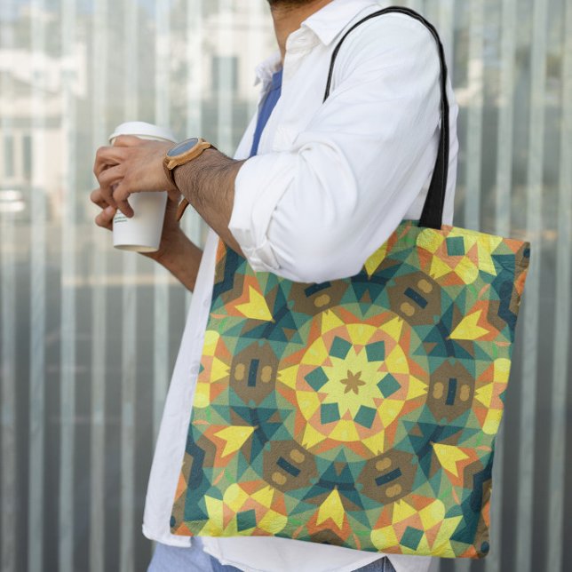 Tote Bag Fleur rétro Mandala jaune vert et orange (Créateur téléchargé)