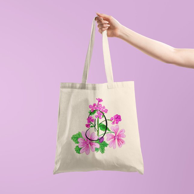 Tote Bag Fleur rose à l'aquarelle avec votre initiale 1 côt (Créateur téléchargé)