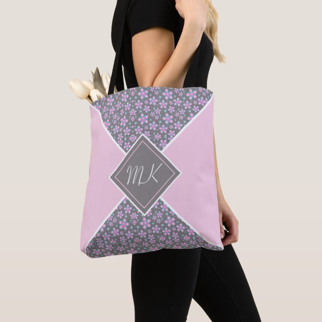 Tote Bag Fleur rose bloc de couleur Monogrammé (De près)