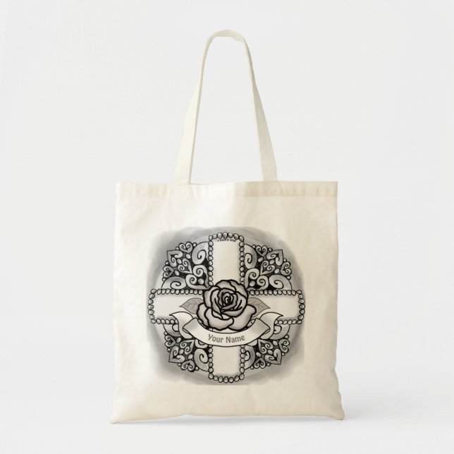 Tote Bag Fleur rose Filigree Christian Cross (Devant)