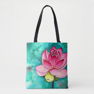 Tote Bag Fleur rose lotus fine art aquarelle