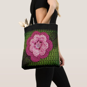 Tote Bag Fleur rose Naturel Vert Artiste Crochet Imprimer