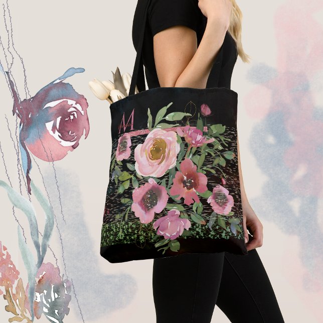 Tote Bag Fleur rose noir (pink floral black tote bag with Monogram)