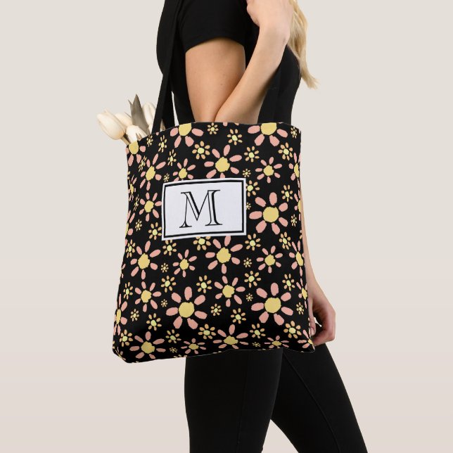Tote Bag Fleur rose noir Motif Monogramme Floral (De près)
