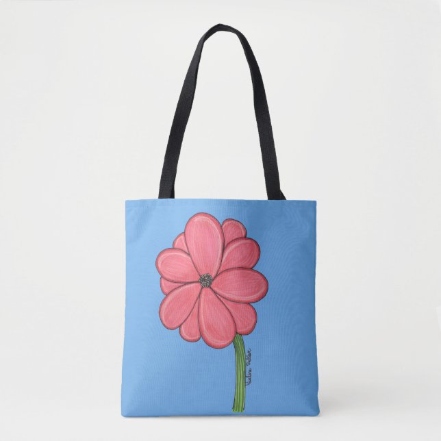 Tote Bag Fleur rose pleine avec fond bleu (Devant)