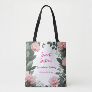 Tote Bag Fleur rose vintage vert eucalyptus 16e anniversair