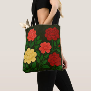 Tote Bag Fleur rouge, corail et jaune 