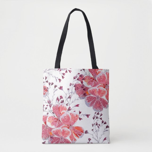 Tote Bag Fleur rouge rose sur blanc. (Devant)