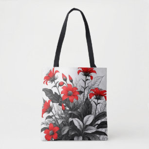 Tote Bag Fleur rouge sur Plante noir blanc