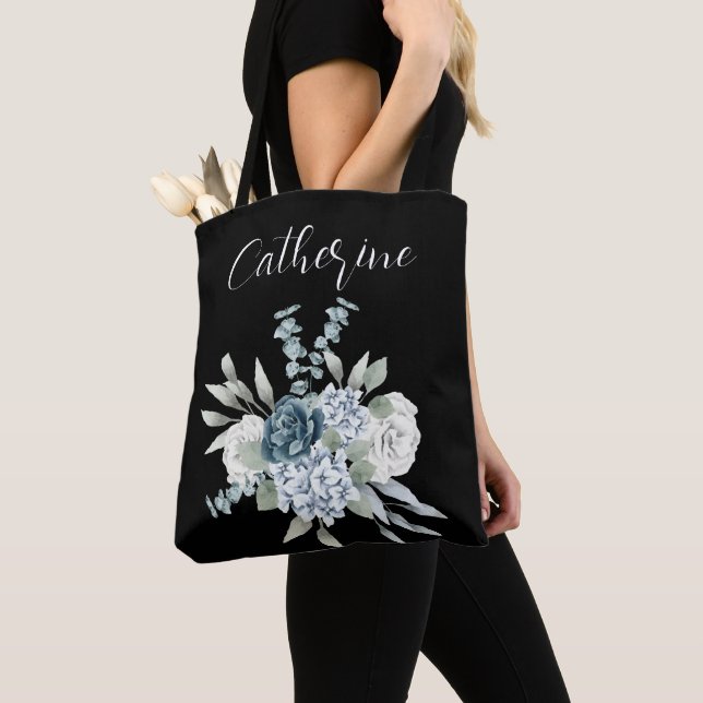 Tote Bag Fleur sauvage bleu Boho Script Nom personnalisé (De près)