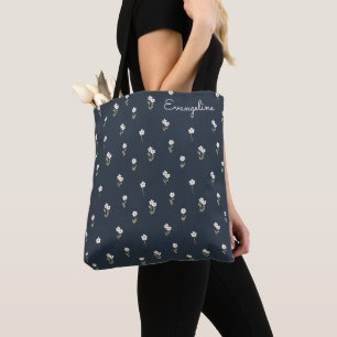 Tote Bag Fleur sauvage bohème florale niaise Nom Bleu foncé