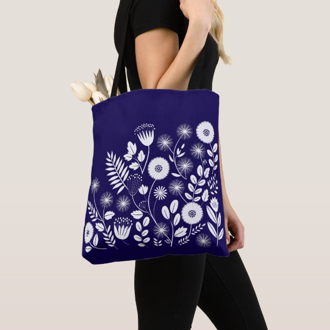 Tote Bag Fleur sauvage Boho violet et blanc (De près)