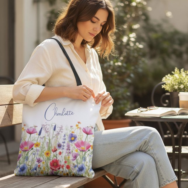 Tote Bag Fleur sauvage coloré Floral Nom personnalisé (Créateur téléchargé)