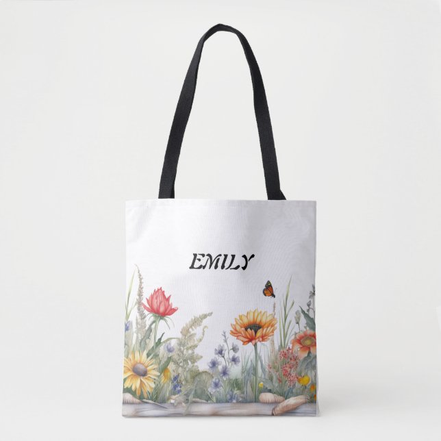 Tote Bag Fleur sauvage de tournesols rustiques | Nom person (Devant)