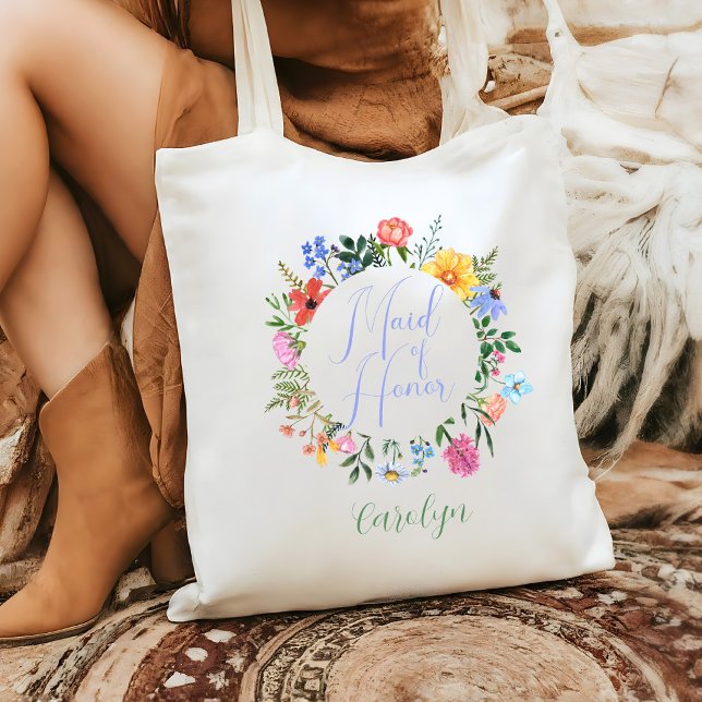 Tote Bag Fleur sauvage Maid of Honor Script Mariage (Maid of Honor Wildflower Tote Bag change the text colors to whatever color you like!)