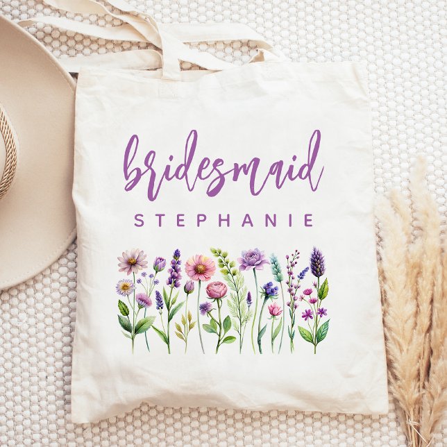 Tote Bag Fleur sauvage personnalisé purple Script Bridesmai (Créateur téléchargé)